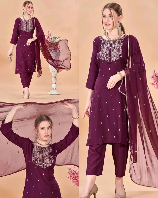 Women's Embroidered Straight Kurta With Pant & Dupatta - Mulberry Wood, 3XL