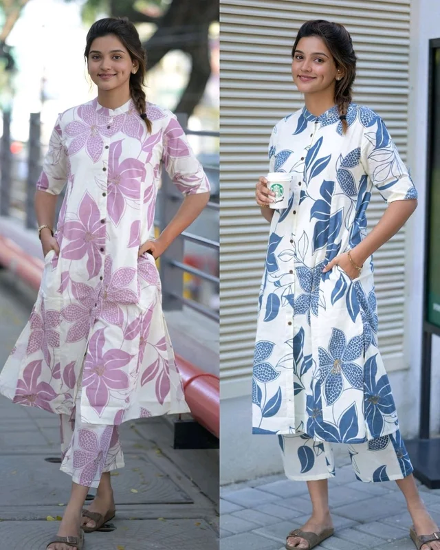 Launching Designer Co-Ords set in *Aline kurti pattern paired with Ankle length pant - Lite Blue, M