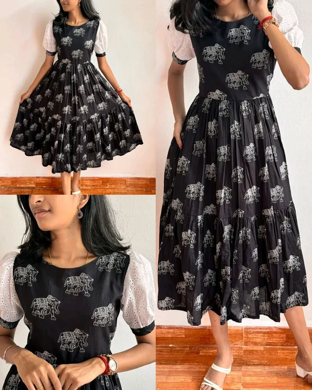 Trendy Maxi gown soft Maslin cotton with digital elephant 🐘 print and in sleev Hakuba fabric
- M