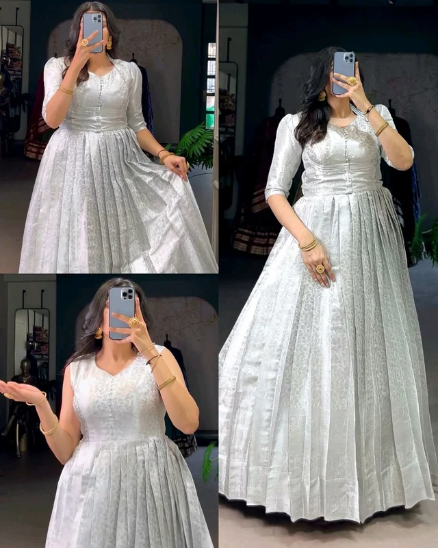 Gown With Coat, Draped in culture, twirling in style. - Silver, Free Size