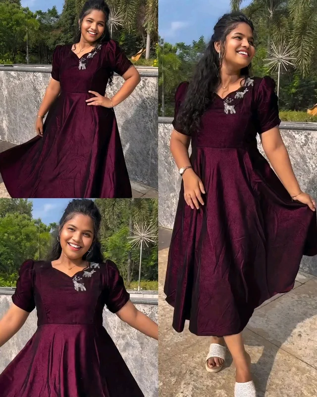 Party wear velvet Dear Aari work midi gown - wine, XL
