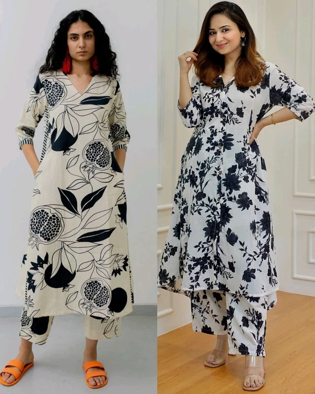 Women's Cotton Floral Printed Kurti And Pant Co-ords Set - Black, XS