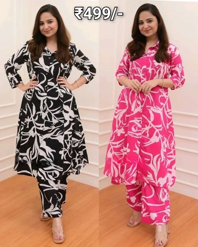 Women's Cotton Floral Printed Kurti And Pant Co-ords Set - Black, L