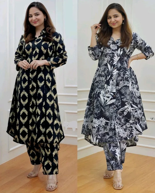 Women's Cotton Floral Printed Kurti And Pant Co-ords Set - Black & Design, M