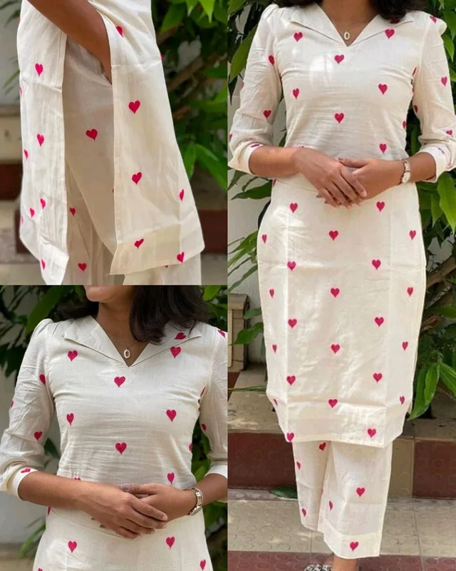 Trendy Red Heart Women's Kurti And Pant Co-ords Set - XL
