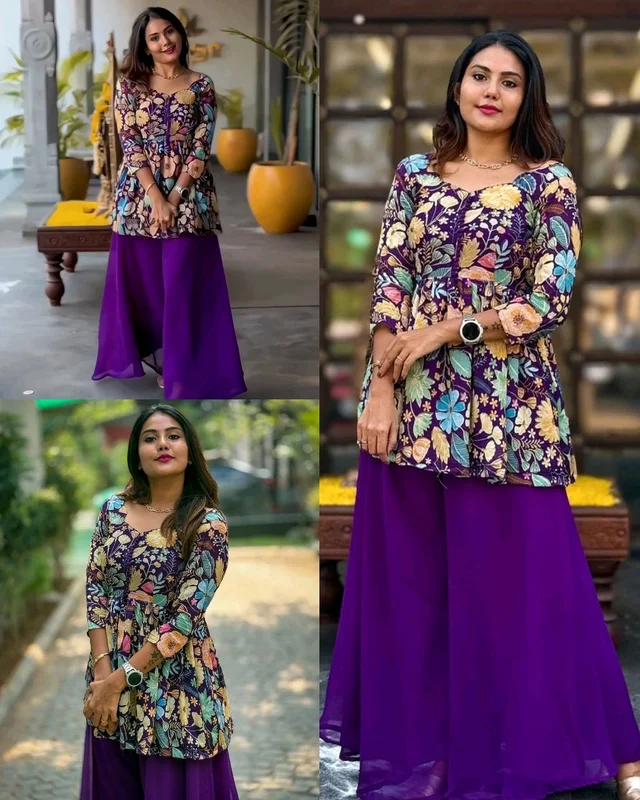 New Launching Our Women's Trending Collection Of Full Stitched Chinnon Top And Georgette Palazzo Set With Floral Print - Effortless Style and Comfort! - M