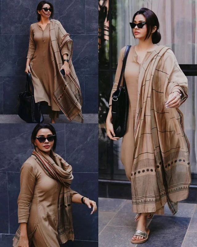 Daily Use College & Office New Design Includes Flared Kurta & Dupatta Set - Brown, 2XL