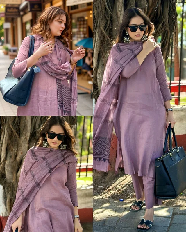 Daily Use College & Office New Design Includes Flared Kurta & Dupatta Set - Lilac, S