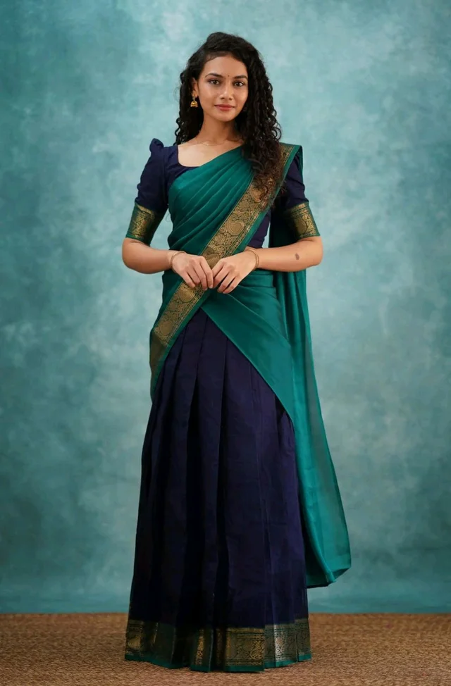 South Indian Traditional Half Saree - Teal, Free Size