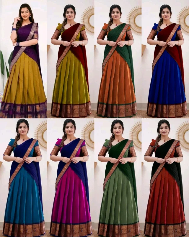 South Indian Traditional Half Saree - Pink & Navy Blue, Free Size
