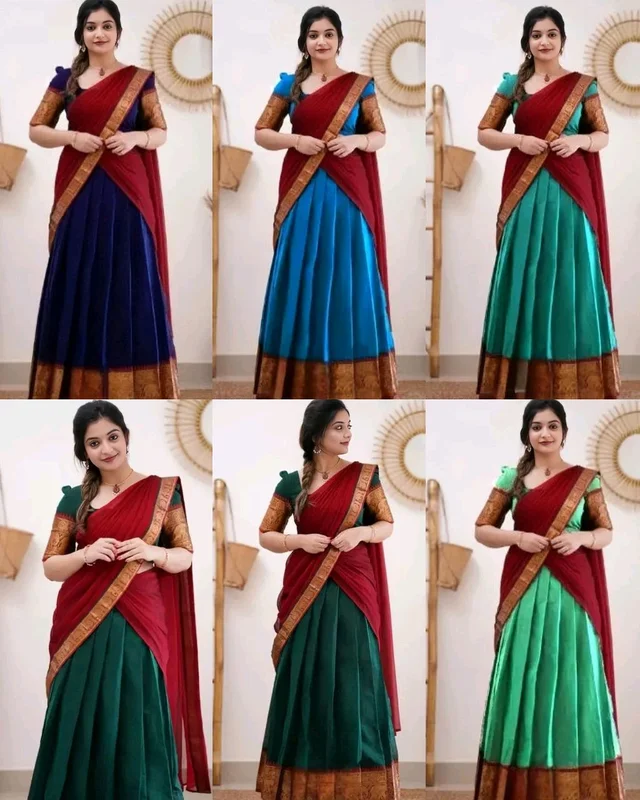 South Indian Traditional Half Saree - Blue & Navy Blue, Free Size