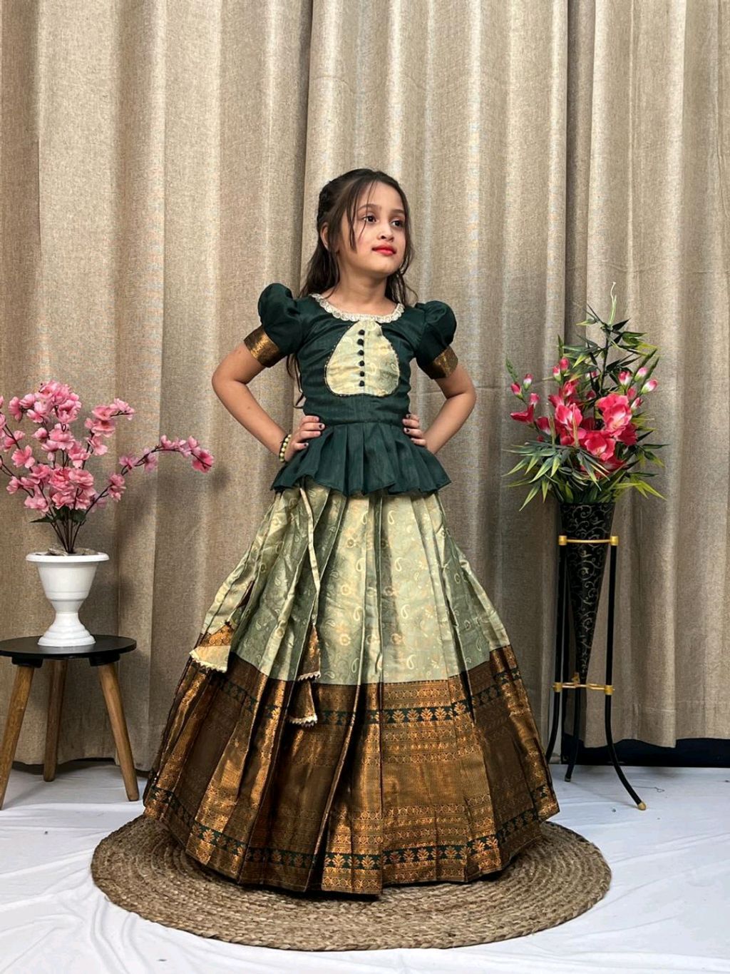 Festive Wear South Indian Lehenga - Pista, 1-2 Years