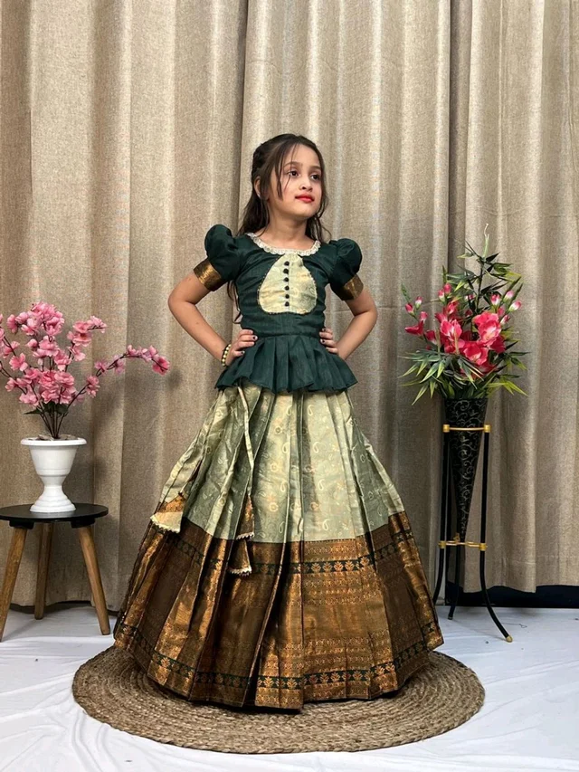 Festive Wear South Indian Lehenga - Pista, 4-5 Years