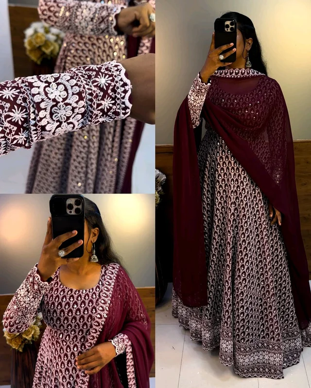 Nandhini Gown With Dupatta Launching New chikankari maxi - Wine, M
