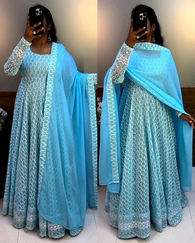 Nandhini Gown With Dupatta Launching New chikankari maxi - Sky Blue, 3XL