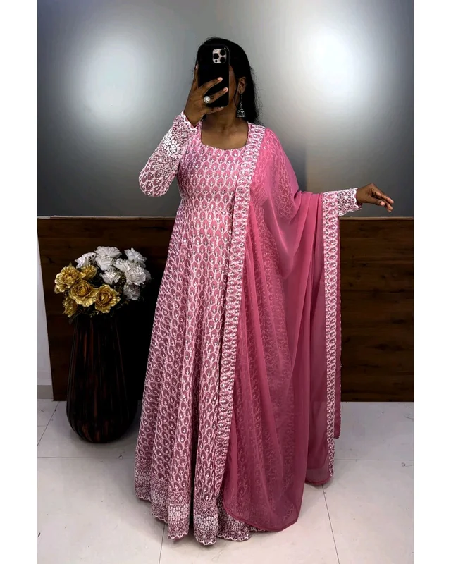 Nandhini Gown With Dupatta Launching New chikankari maxi - Pink, M