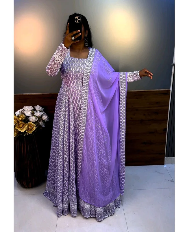 Nandhini Gown With Dupatta Launching New chikankari maxi - Mauve, 3XL