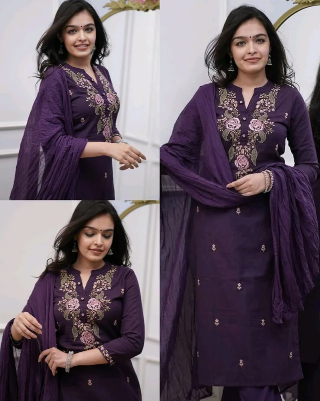Trendy Purple Kurti With Dupatta & Bottomwear - L