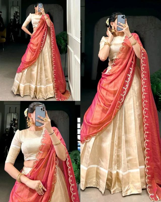 Elegant Golden Zari Weaving Work Lehenga with Zari Shimmer Dupatta
- Free Size