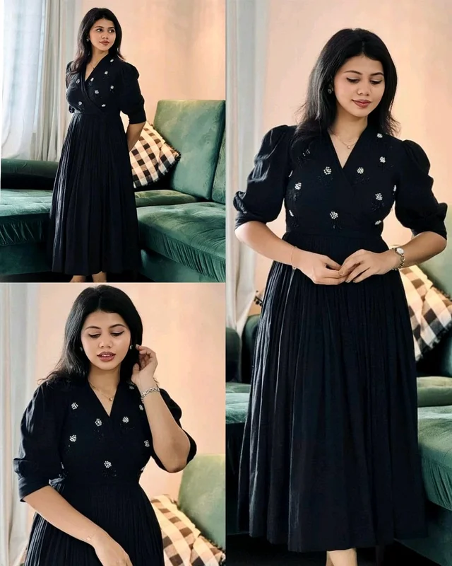 Pretty Gown With Beautiful Handwork Motifs - Black, XL