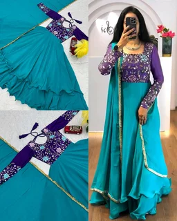 Ready to Wear pure space silk fabric with top heavy *dimond hand work full finish same duppata and full flair - Mardi Gras, S