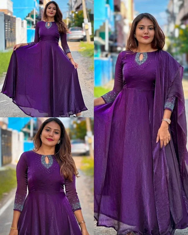 Ready to Wear pure space silk fabric with top heavy *dimond hand work full finish same duppata and full flair - Mardi Gras, XL