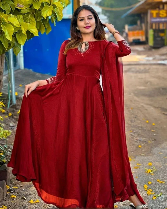 Ready to Wear pure space silk fabric with top heavy *dimond hand work full finish same duppata and full flair - Bright Red, M
