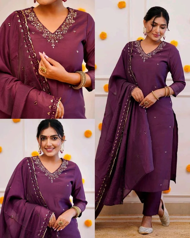 Trendy Roman Silk Kurta Pant Dupatta Set With Printed For Women - XL