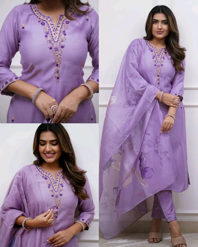 Trendy Soft Rayon Kurta Pant Dupatta Set Embroidered For Women
- M