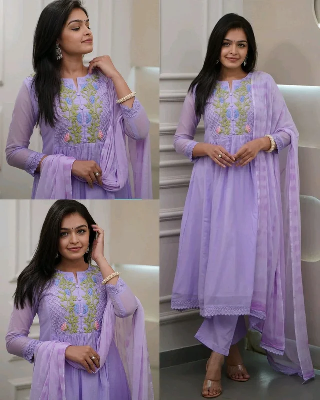 Trendy Fashion Floral Embroidered Kurta With Trousers & Dupatta - M
