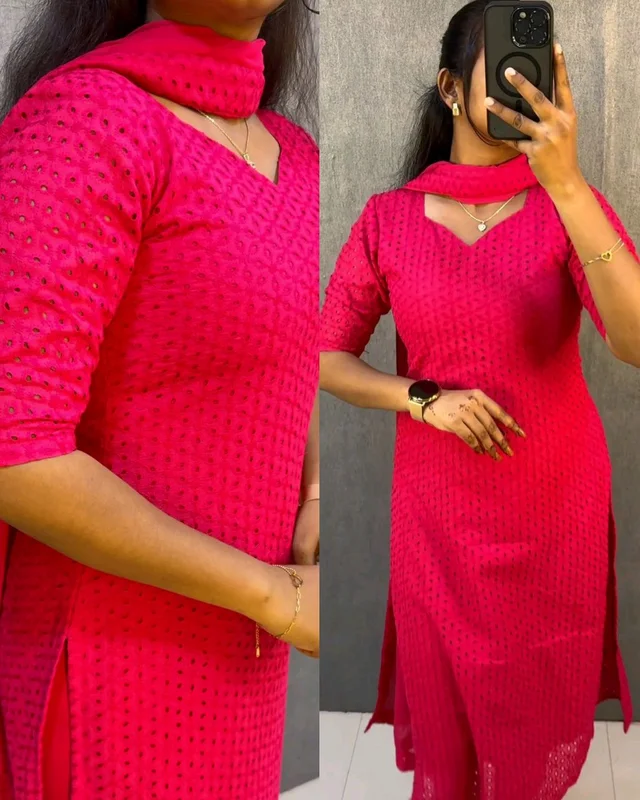 Elegant premium cotton hakoba kurti with six beautiful - Pink, XL