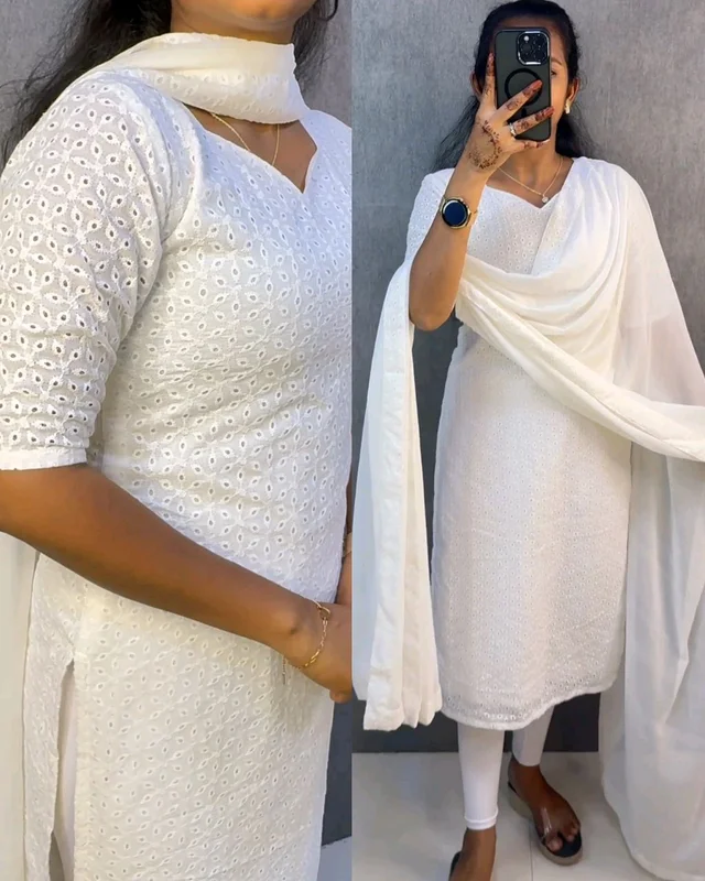 Elegant premium cotton hakoba kurti with six beautiful - White, L