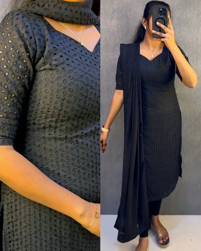 Elegant premium cotton hakoba kurti with six beautiful - Black, S