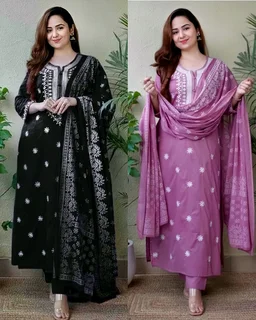 WOMEN KURTA SET WITH EMRODARY WORK DUPATA PRINTED FANCY KURTI WITH BOTTOM - Purple, S