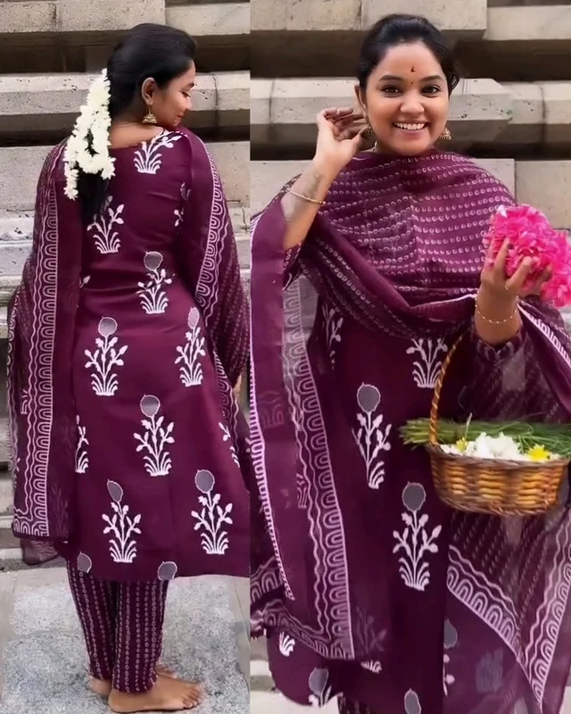 WOMEN KURTA SET WITH EMRODARY WORK DUPATA PRINTED FANCY KURTI WITH BOTTOM - Purple, L