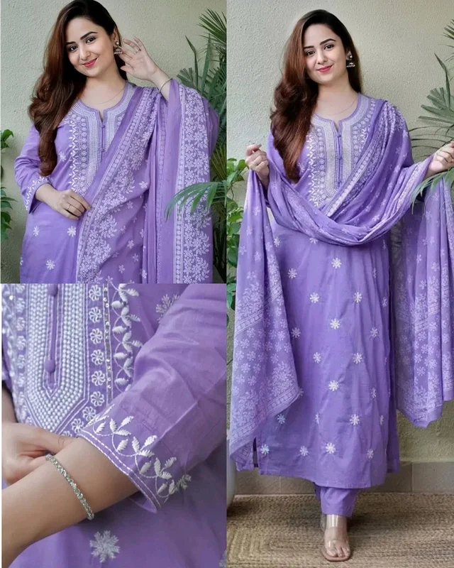WOMEN KURTA SET WITH EMRODARY WORK DUPATA PRINTED FANCY KURTI WITH BOTTOM - Lavender, L