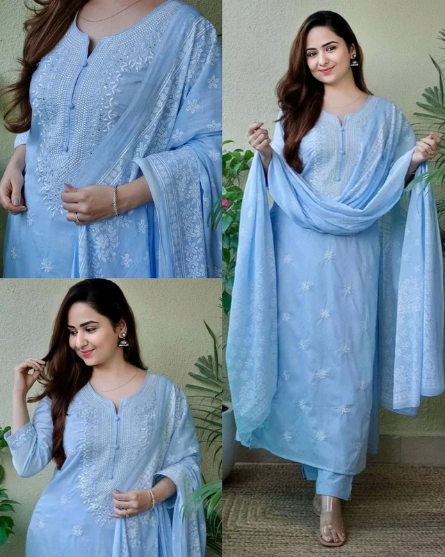 WOMEN KURTA SET WITH EMRODARY WORK DUPATA PRINTED FANCY KURTI WITH BOTTOM - Blue, 3XL