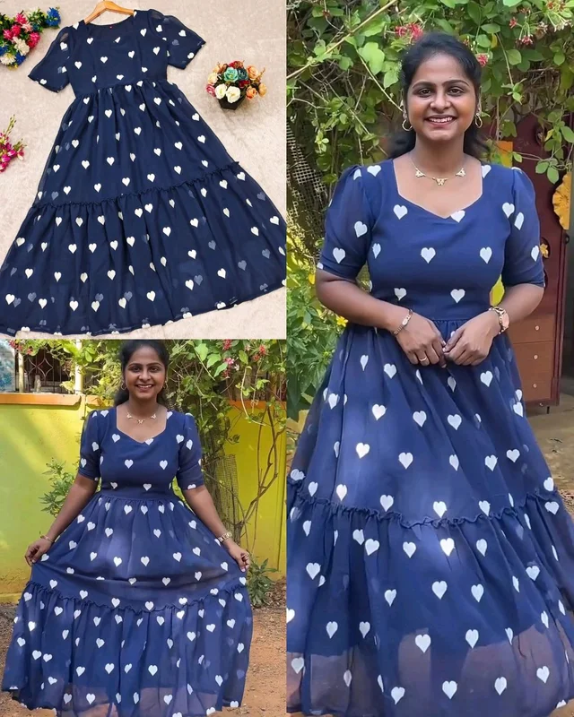 Trendy Fashionable Heart Printed Dresses
- Blue, L