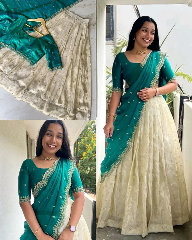 Trendy Viscose zari Tissue Silk Gold Zari Lehanga With Blouse Along With Embroidery Duppta🥰
- Teal, Free Size