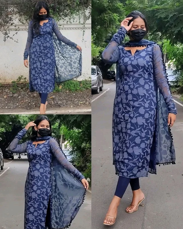 Modern Floral Blue Digital Printed Georgette Dupatta Set - Vibrant & Trendy for All Occasions" - 3XL