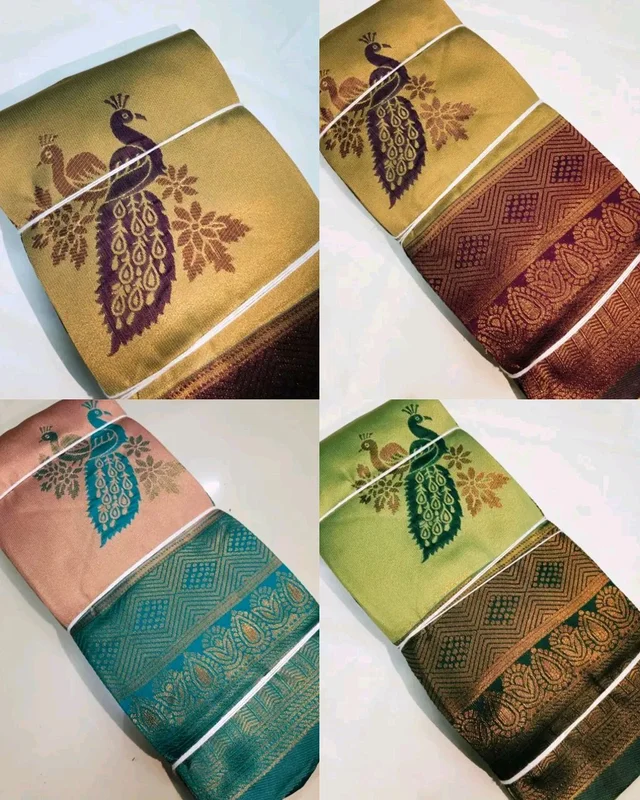 Peacock Kanijivaram Soft Silk Saree - Peach, Free Size