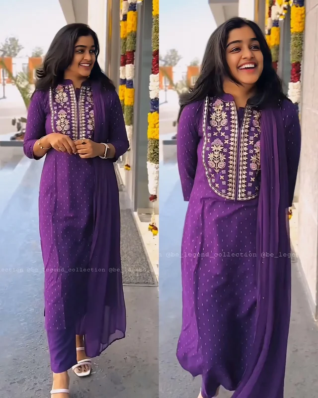 Purple Ethnic Motifs Embroidered Kurta with Trouser & Dupatta - XL