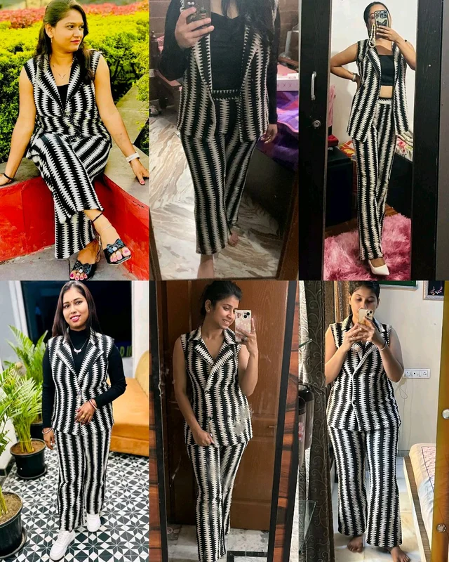 Trendy Premium New Fashionable Women Jacket & Inner Black Top & Bottom Sets
- L