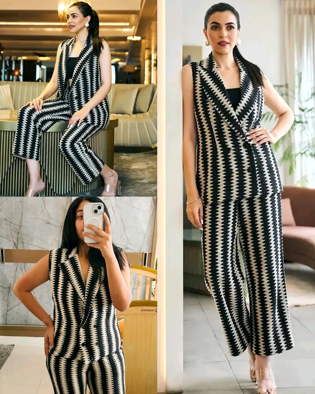Trendy Premium New Fashionable Women Jacket & Inner Black Top & Bottom Sets
- 2XL
