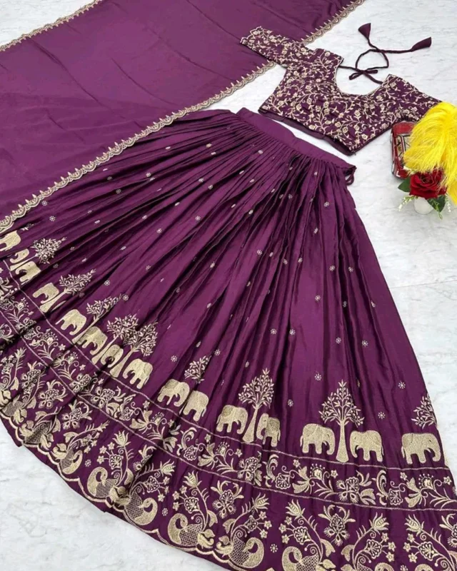 Beautiful Designer Traditional Chinon Silk Heavy Embroidery Work Lehenga
- Purple, Semi Stitched