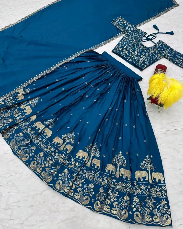 Beautiful Designer Traditional Chinon Silk Heavy Embroidery Work Lehenga
- Regal Blue, Semi Stitched