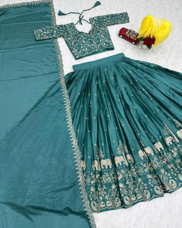 Beautiful Designer Traditional Chinon Silk Heavy Embroidery Work Lehenga
- Teal, Semi Stitched