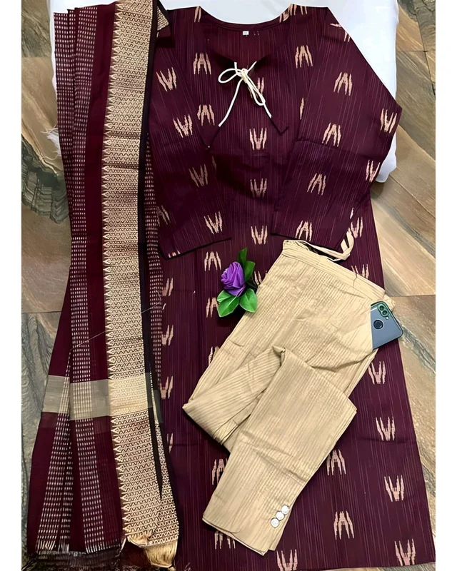 Khadi cotton daily wear kurta sets - Maroon, 3XL