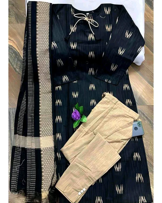 Khadi cotton daily wear kurta sets - Black, 2XL