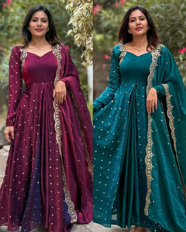 Launching Heavy Designer Party Wear Look Gown-Dupatta and Bottom with Heavy Embroidery Sequence Work - 2XL, Purple